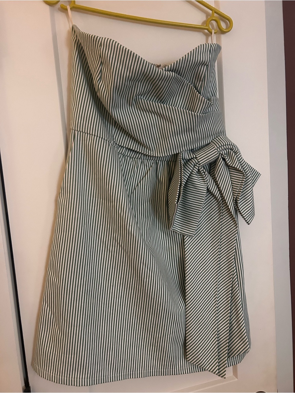 Judith March Strapless Pinstripe Dress in Green and White with Side Bow